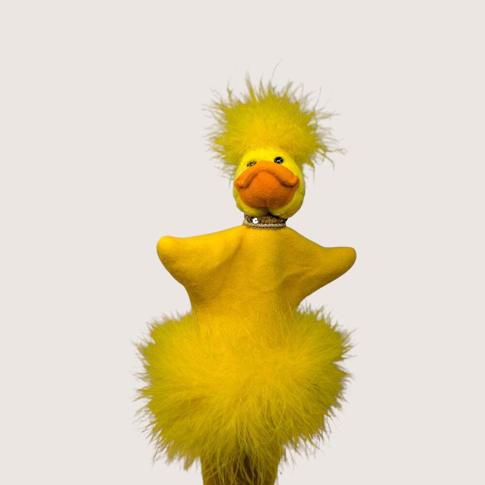 Vintage Handmade Yellow Felt Duck Pop Up Cone Puppet Feathered Folk Art Toy